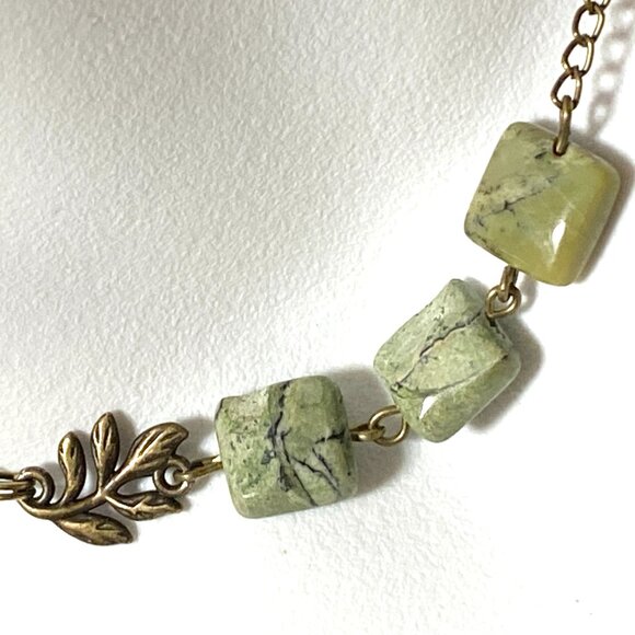 2/$20 Dark Green Serpentine Leaf Branch Necklace, Genuine Gemstone Bronze Chain - Picture 6 of 16